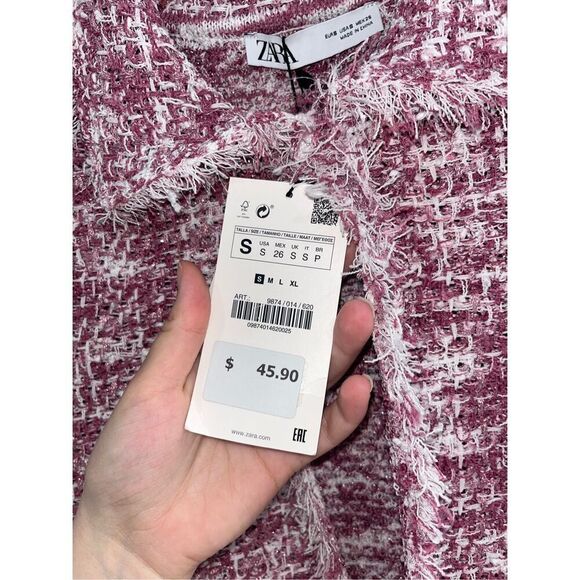 NWT Zara Pink Fringe Textured Tweed Knit Short Sleeve Cardigan S - Picture 2 of 3